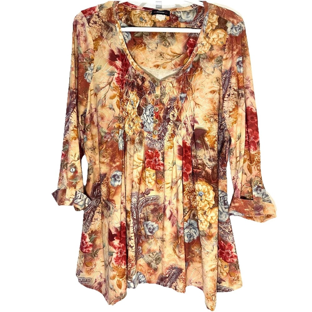Cocomo Floral Boho Tunic Top S/M Pintuck Henley 3/4 Sleeve Handkerchief Hem - Picture 2 of 8